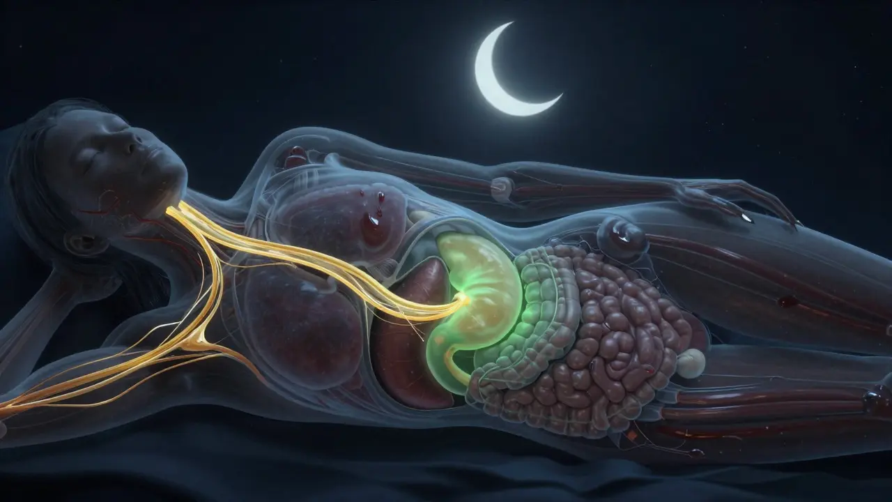 Průřez těla ukazující proudění lymfy směrem k levému lymfatickému duktusu během spánku.