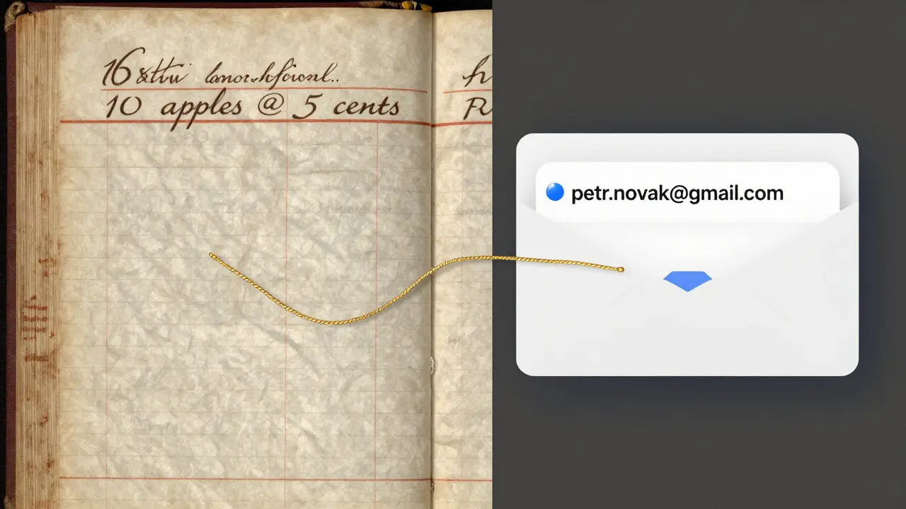 Rozdělený obrázek: historický obchodní zápis s @ a moderní e-mailová adresa spojené zlatou nití.