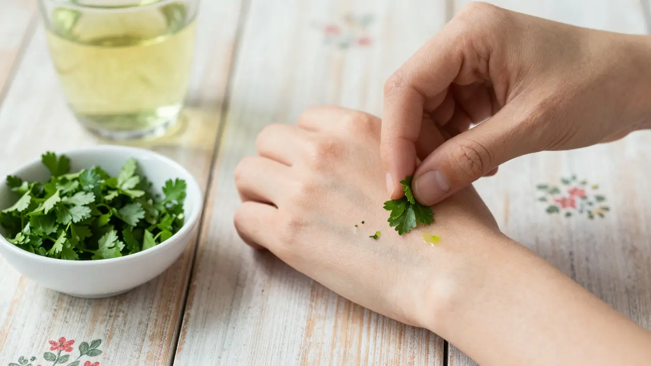 Ruka aplikuje čerstvou petrželku na kousnutí komára.