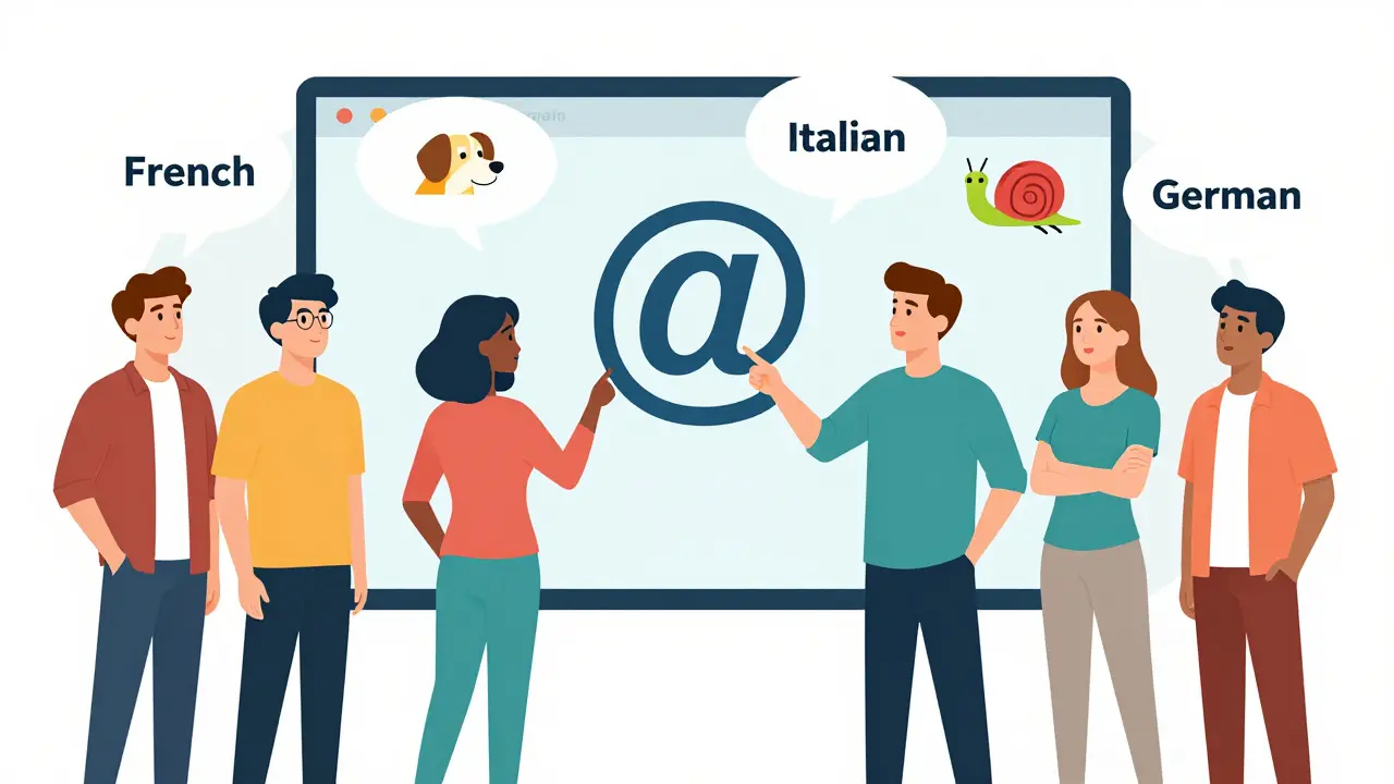 Skupina lidí kolem obrazovky s e-mailovými adresami, jeden ukazuje na @, ostatní sledují zvířecí symboly jako představy jiných jazyků.