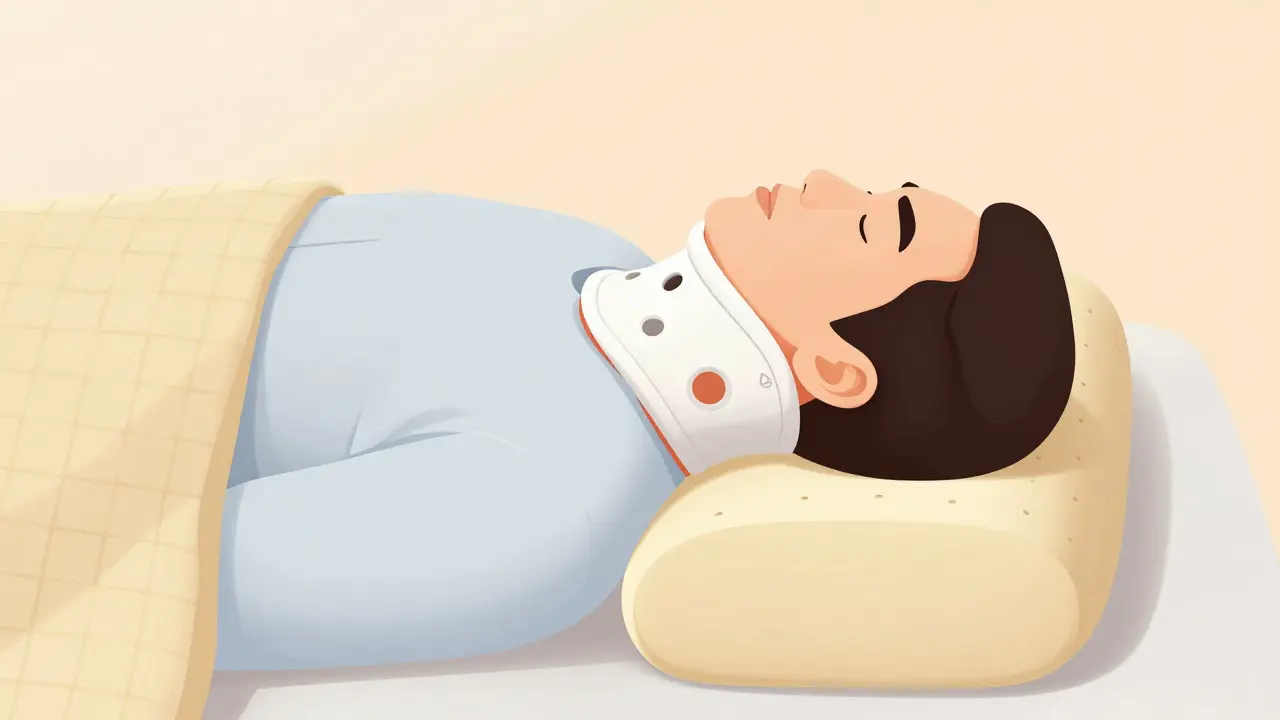 Správná poloha na zádech s polštářem pod ramena pro stabilitu páteře.