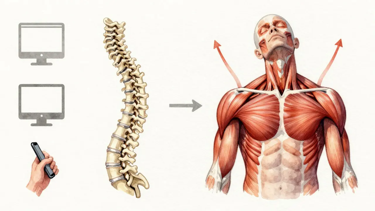 Srovnání přirozeného tvaru krční páteře a napjaté polohy při sedění u počítače.