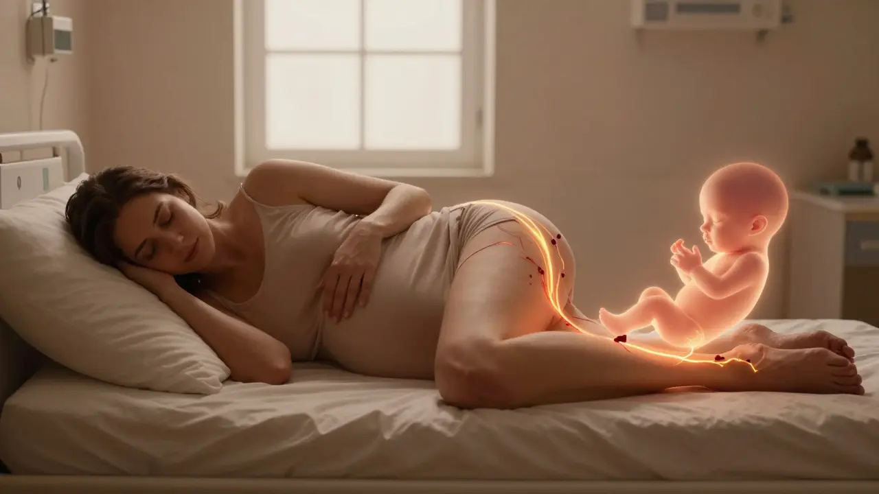 Těhotná žena spí na levé straně s podložkou mezi nohama a jemným zářením krevního toku.