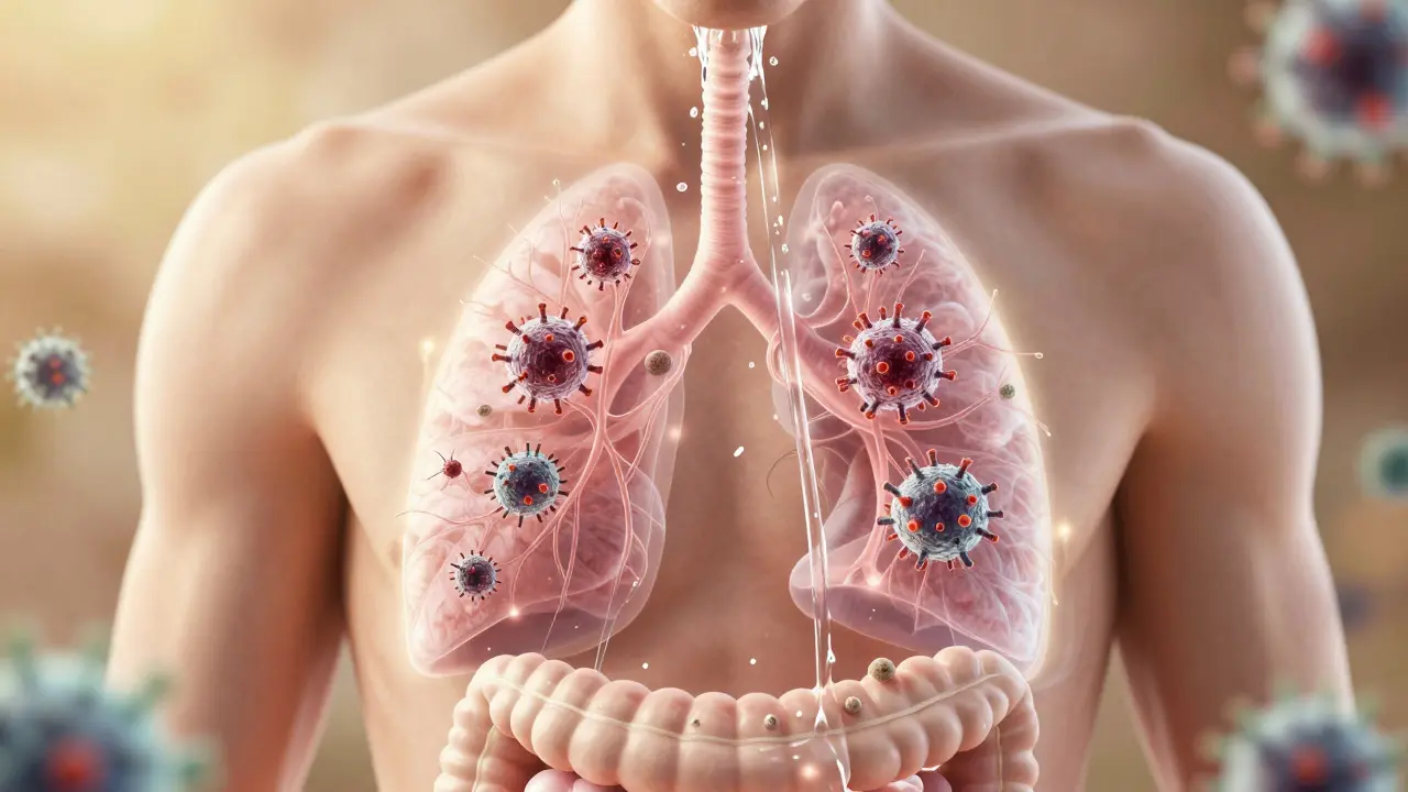 Transparentní lidské tělo s přirozeným vyčišťováním dýchacích cest během rýmy.