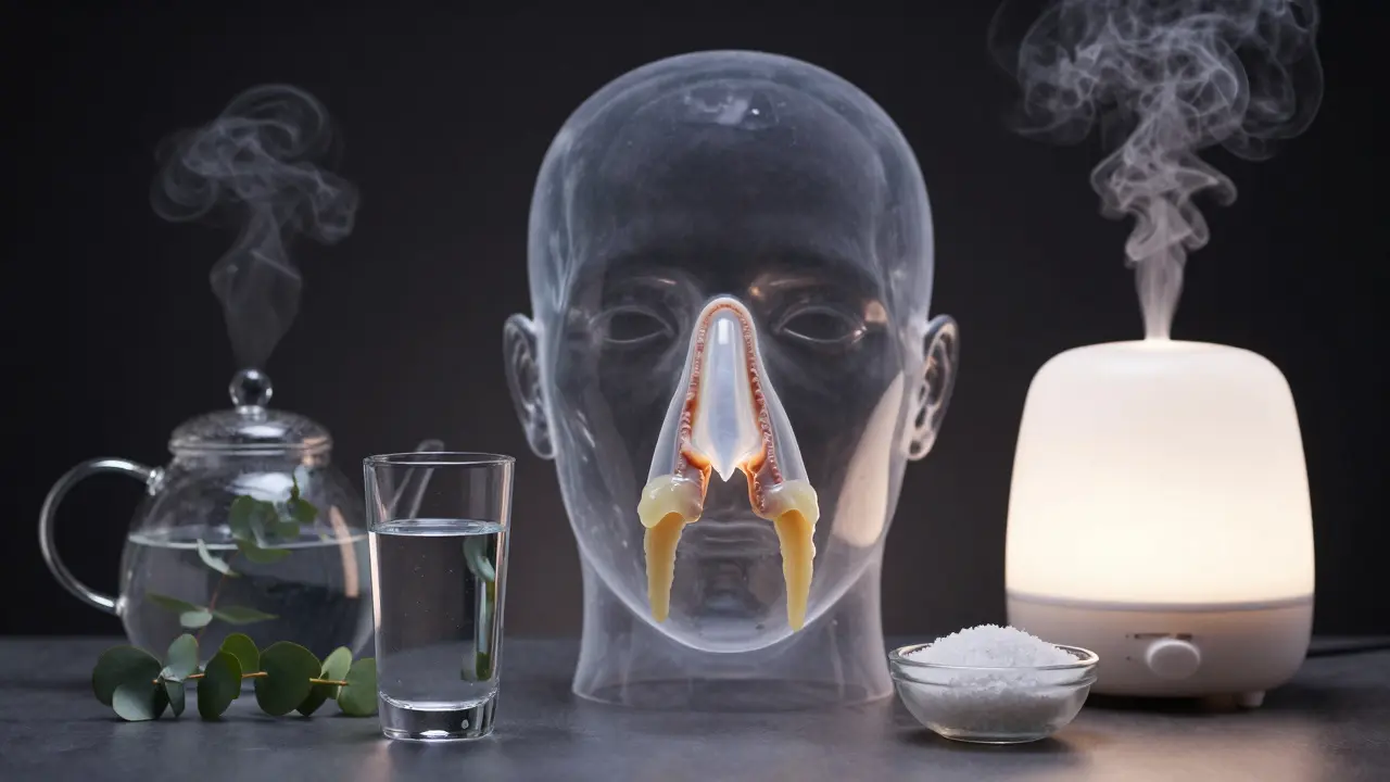 Transparentní pohled na nosní cesty s příznaky rýmy a přírodními léčivými prostředky.