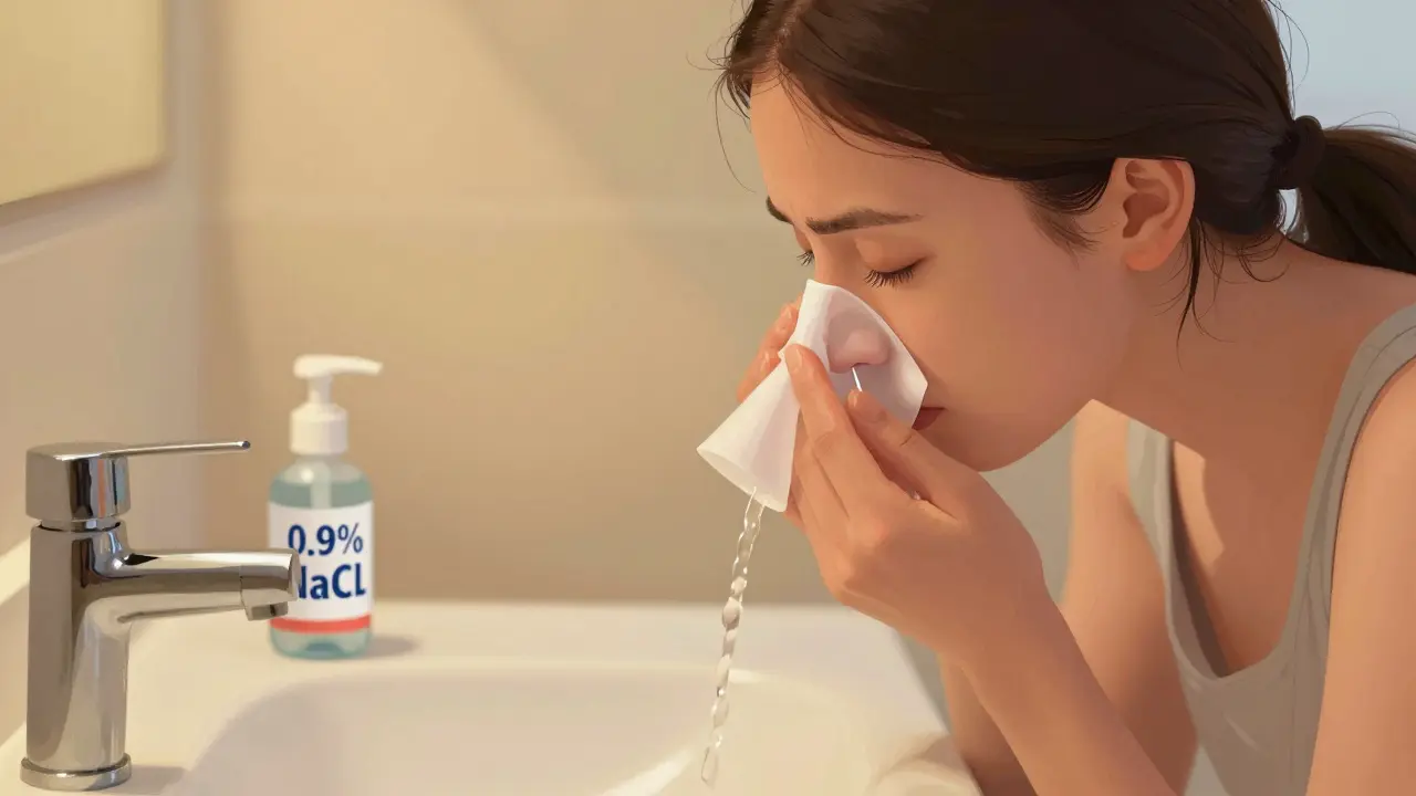 Žena používá neti pot pro proplachování nosu nad umyvadlem, voda teče z jedné nozdry do druhé.