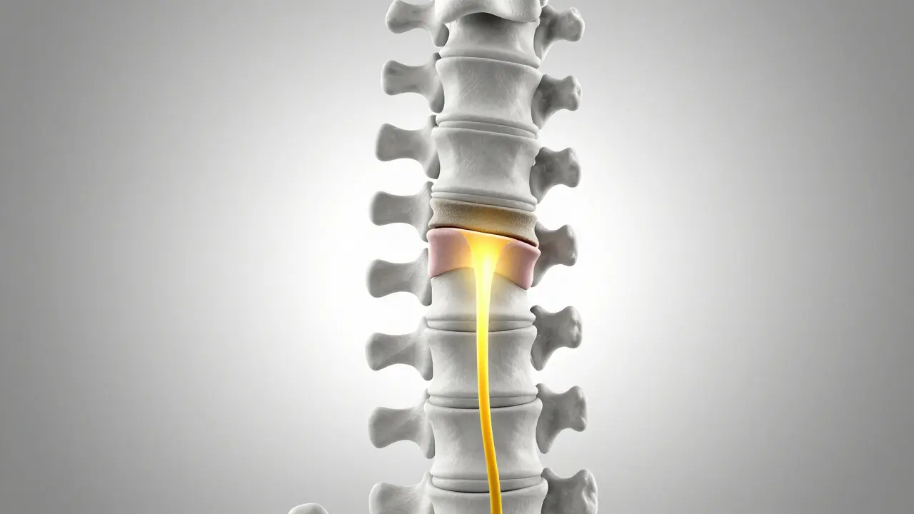 3D anatomický model krční páteře s vyzdviženým plotýnkem tlačícím na nerv.