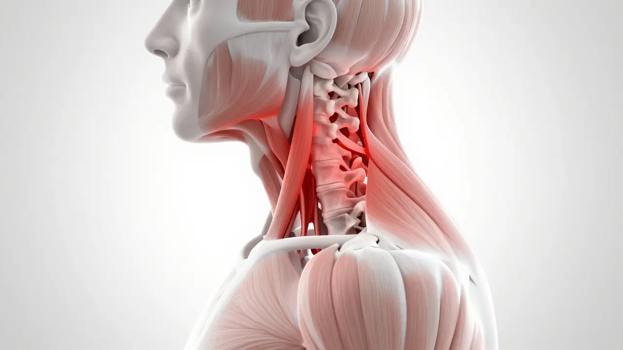 Anatomický model krční páteře s červeně zvýrazněnými oblastmi svalového napětí.