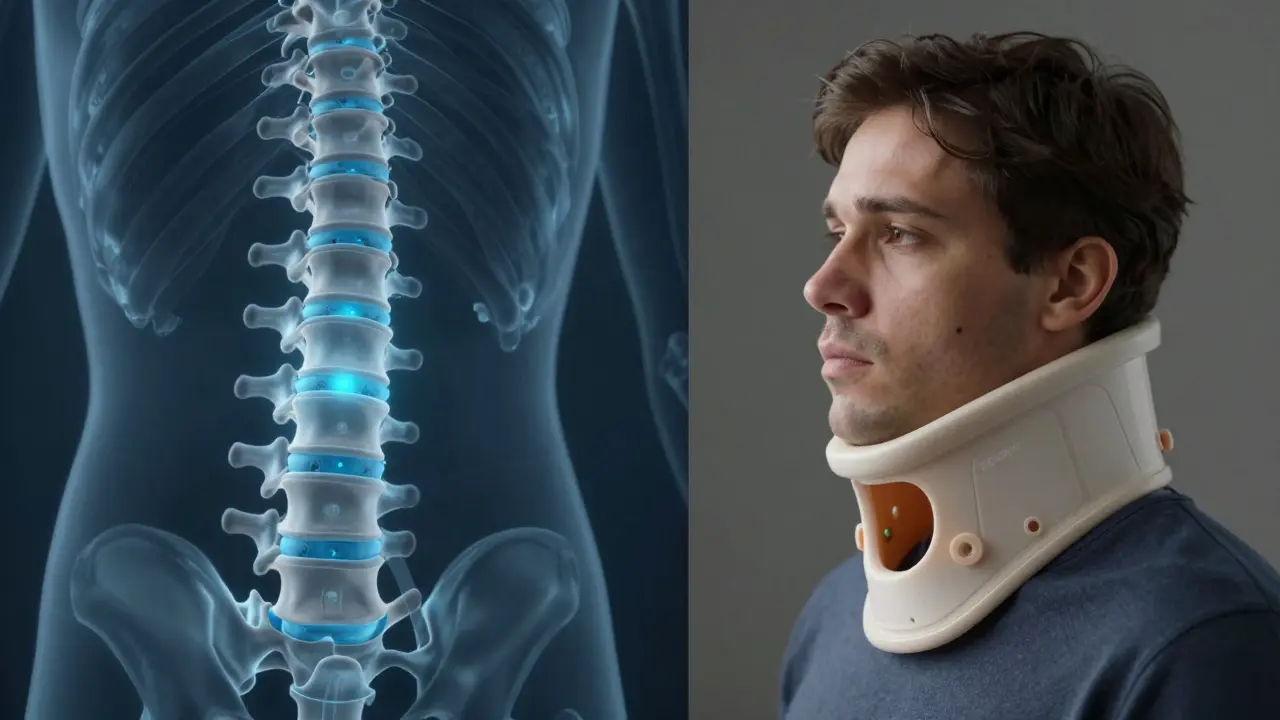 Anatomický náhled krční páteře vedle fixačního tvrdého límce.