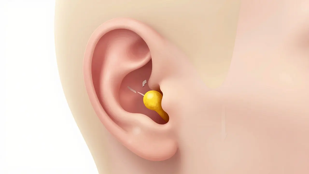 Anatomický nákres vnějšího zvukovodu s nahromaděným ušním mazem.