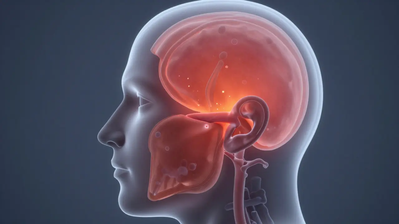 Anatomický průřez lidské hlavy znázorňující zánět v dutinách nosních.