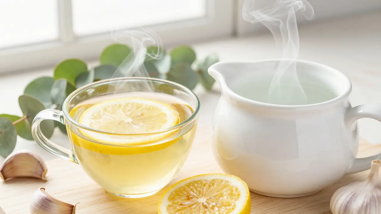 Bylinný čaj, Neti pot na výplachy nosu, česnek a eukalyptus na stole.