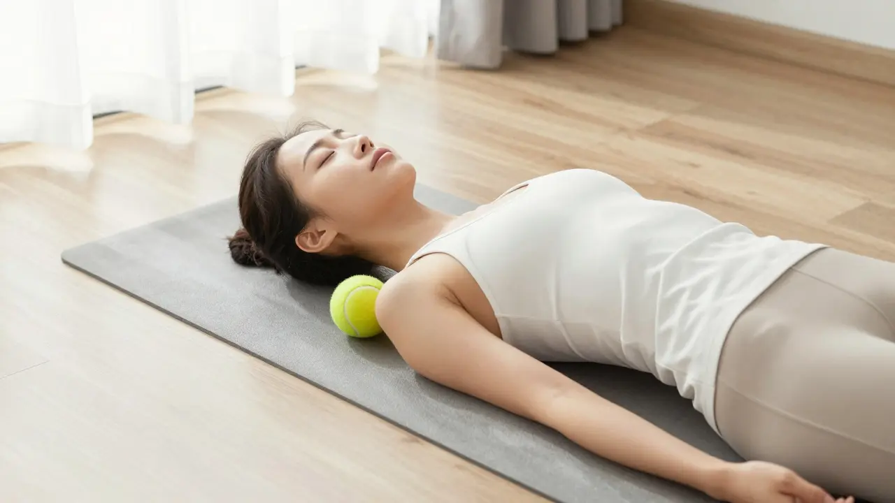 Člověk uvolňuje svaly v zádech pomocí tenisového míčku na jógové podložce.