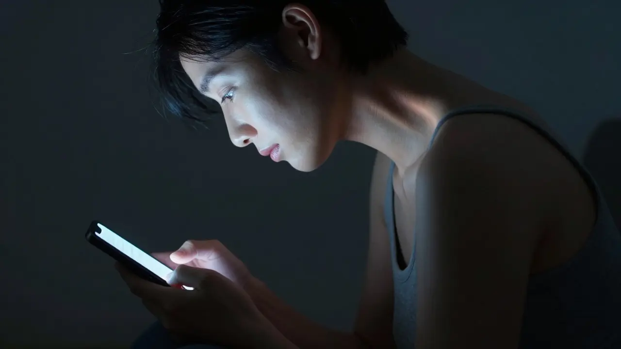 Detailní pohled z boku na ohnutý krk osoby dívající se do mobilního telefonu.