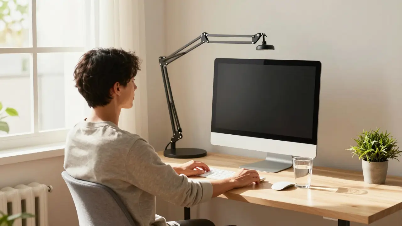 Ergonomické pracovní místo s počítačem v úrovni očí pro zdravou posturu krku.