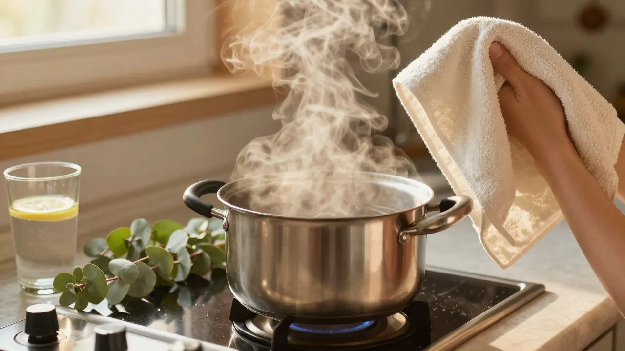 Inhalace nad hlnicí párou s eukalyptem a sklenicí vody s citronem.