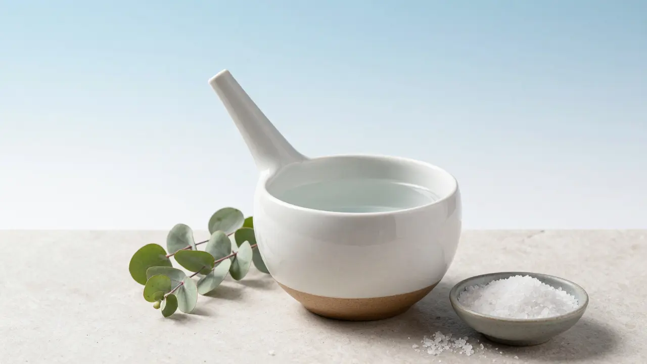 Keramický Neti pot pro vyplavování nosu s eukalyptovými listy.