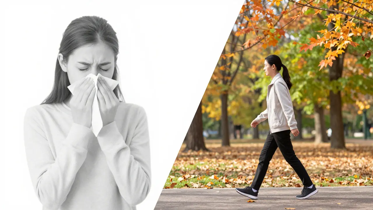 Koncept zotavení z nemoci a přechodu k procházce v čerstvém podzimním vzduchu.