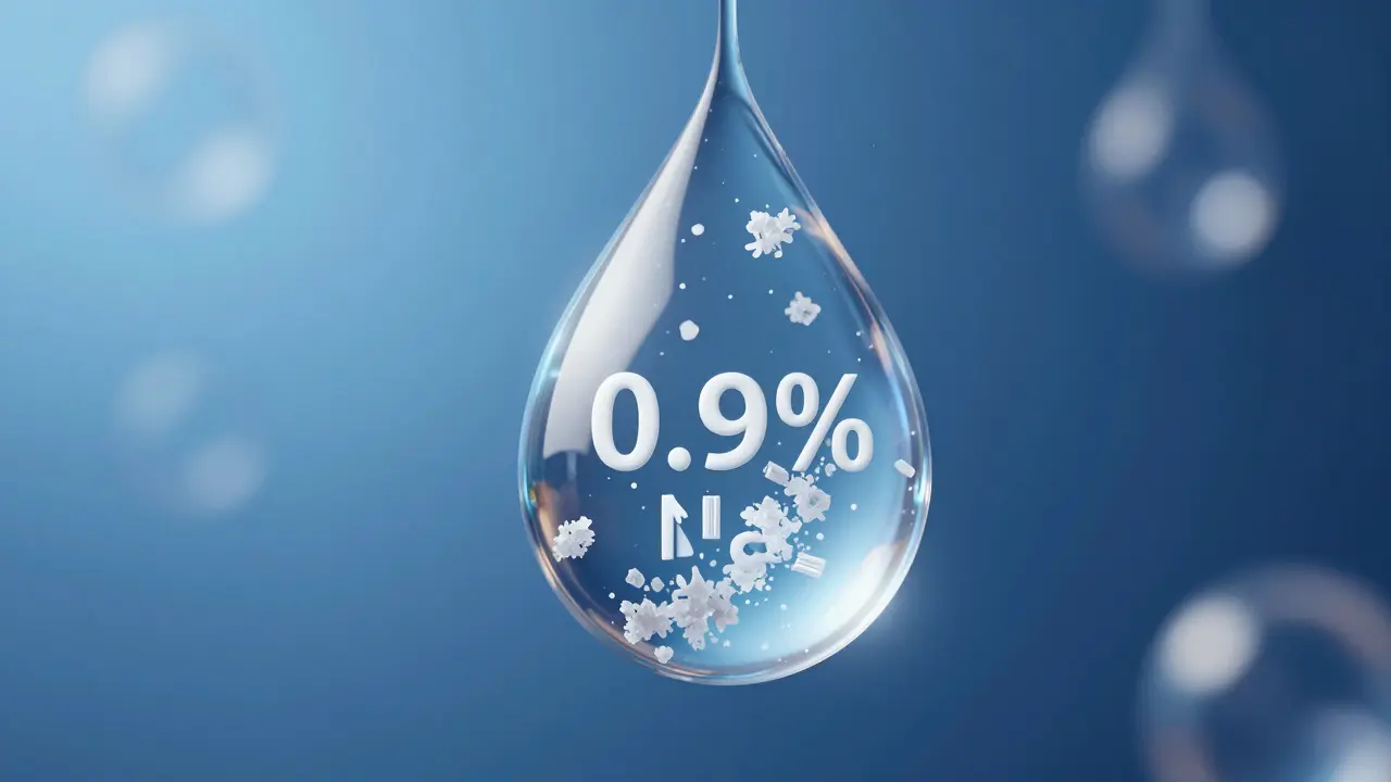 Konceptuální zobrazení čistého fyziologického roztoku s krystaly soli.