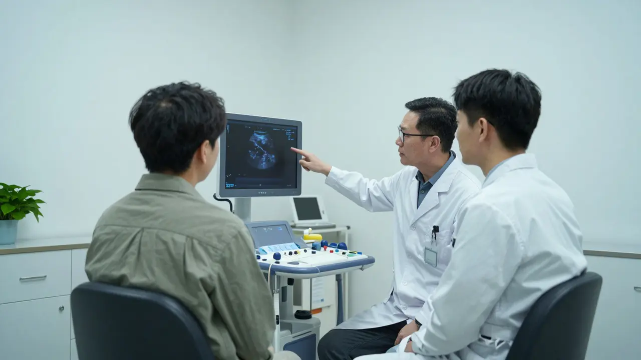 Lékař s pacientem při diagnostickém vyšetření