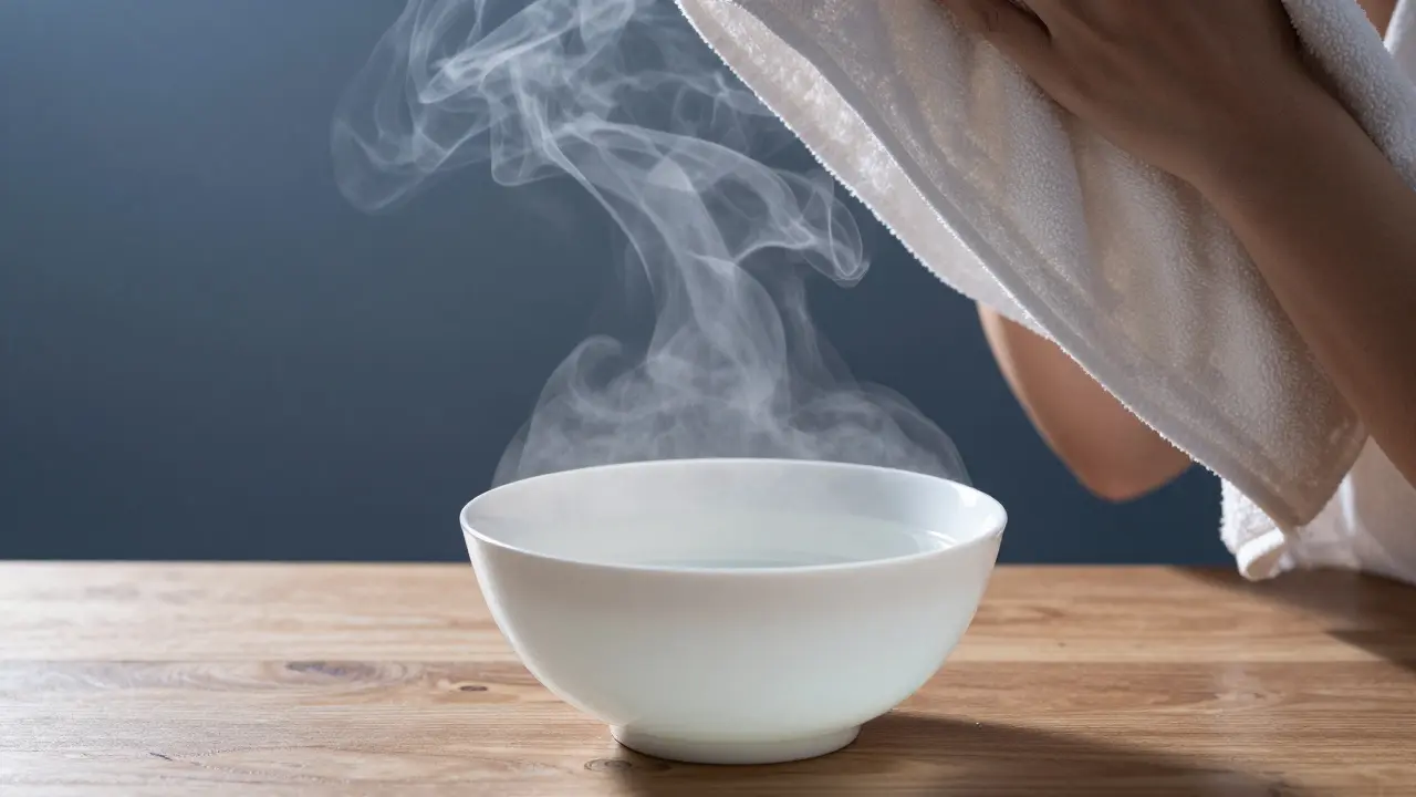 Osoba inhalující horkou páru z misky s hlavou zakrytou ručníkem pro uvolnění nosu.