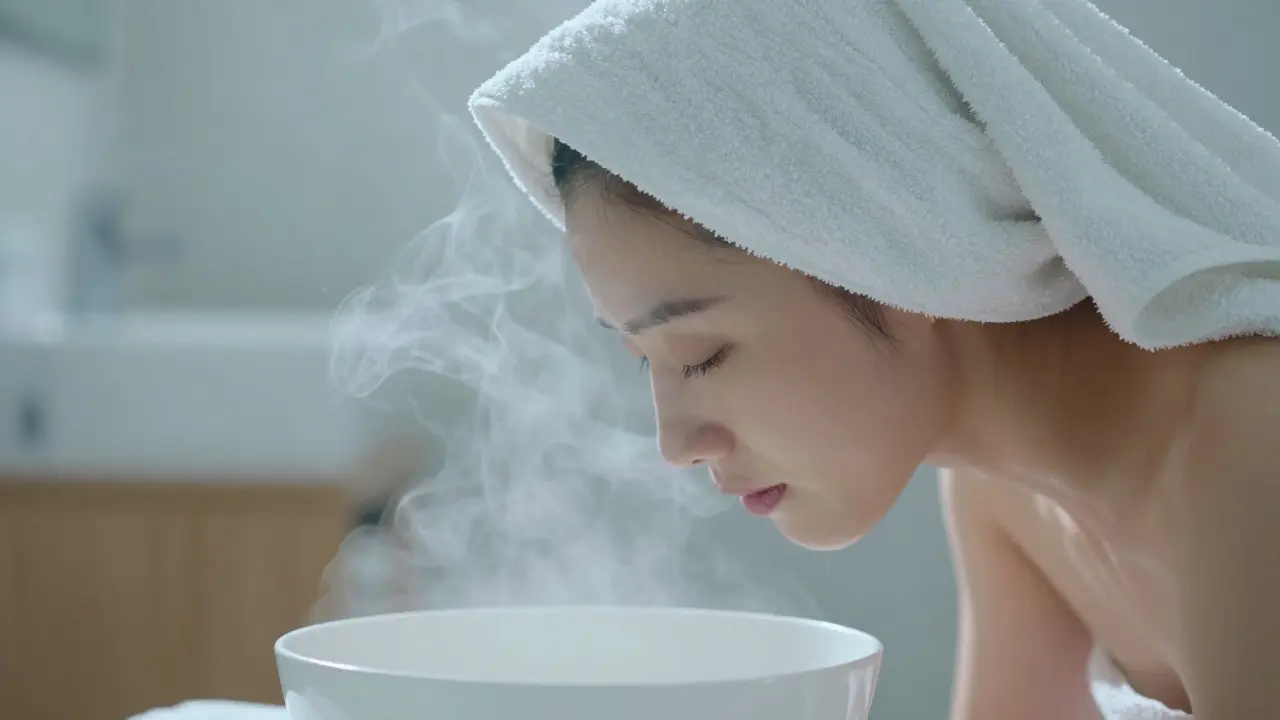 Osoba provádějící inhalaci páry s ručníkem přes hlavou pro uvolnění nosu.