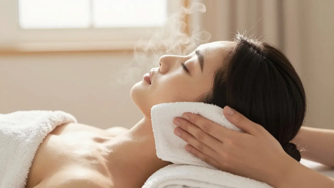 Osoba s teplým obkladem na oblasti ucha a čelisti pro uvolnění napětí.