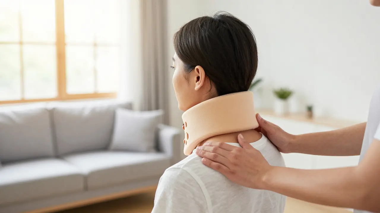 Pacient v měkkém límci při rehabilitaci s fyzioterapeutem.