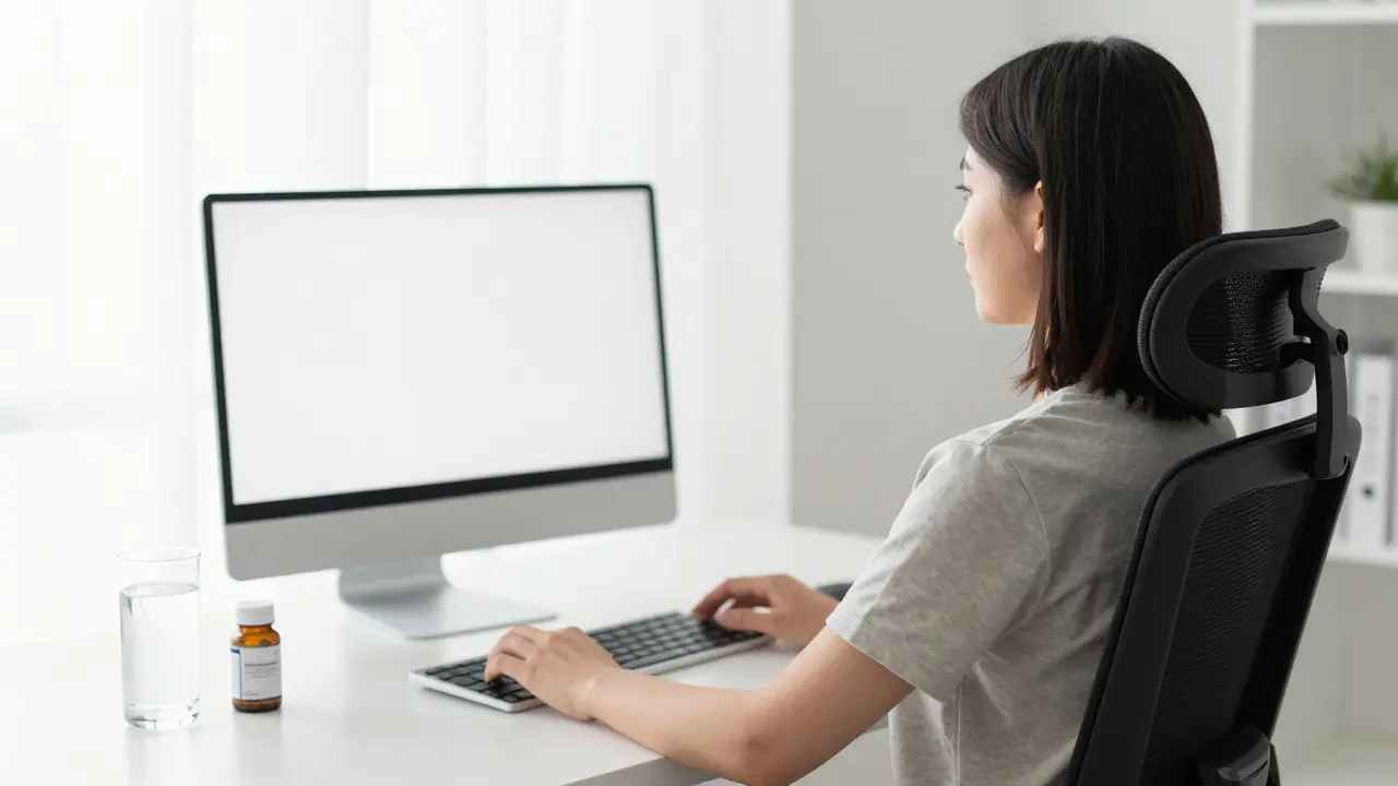 Pracovní stůl s ergonomickým vybavením a člověkem s rovným držení těla.