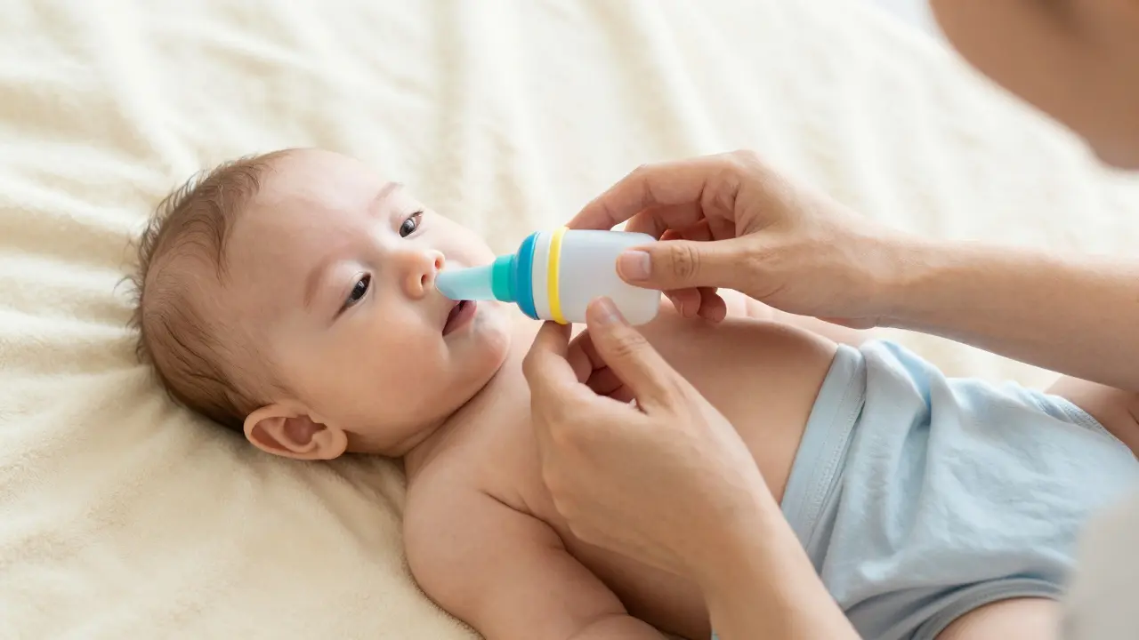 Rodič jemně připravuje miminko na použití nosní konvice na přikrývce.