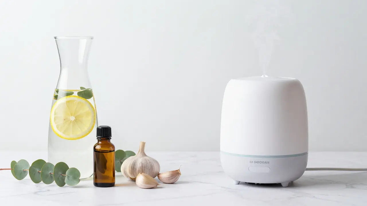 Sada pro zotavení z rýmy: voda s citronem, eukalyptový olej, česnek a zvlhčovač vzduchu.