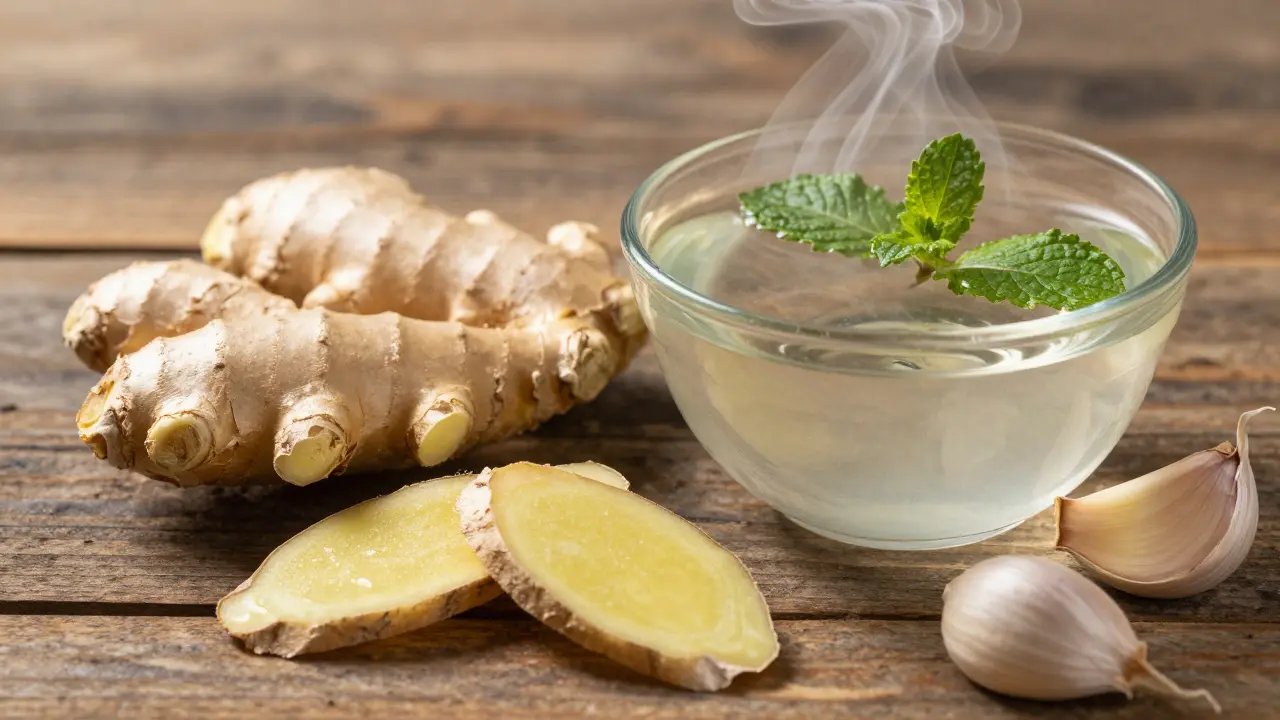Suroviny pro domácí léčbu: čerstvý zázvor, česnek a inhalace párou.