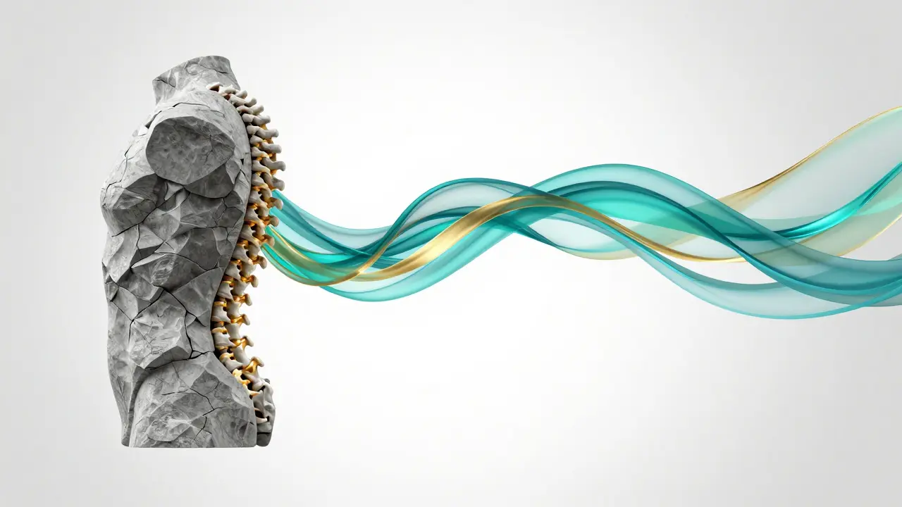 Umělecký obraz přechodu od ztuhlé, kamenné páteře k plynulému a volnému pohybu.