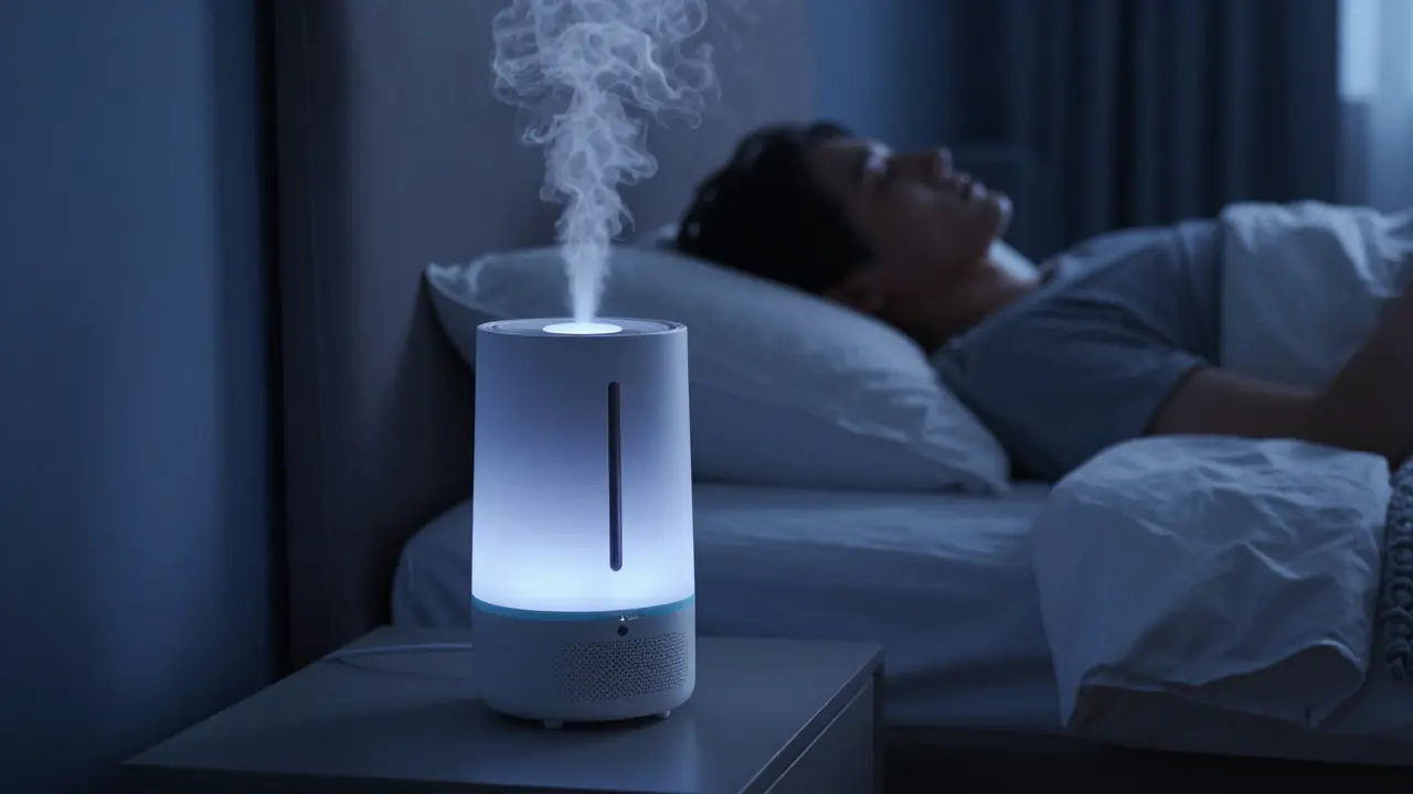 Zvlhčovač vzduchu v ložnici vytvářející mlhu pro lepší dýchání během spánku.